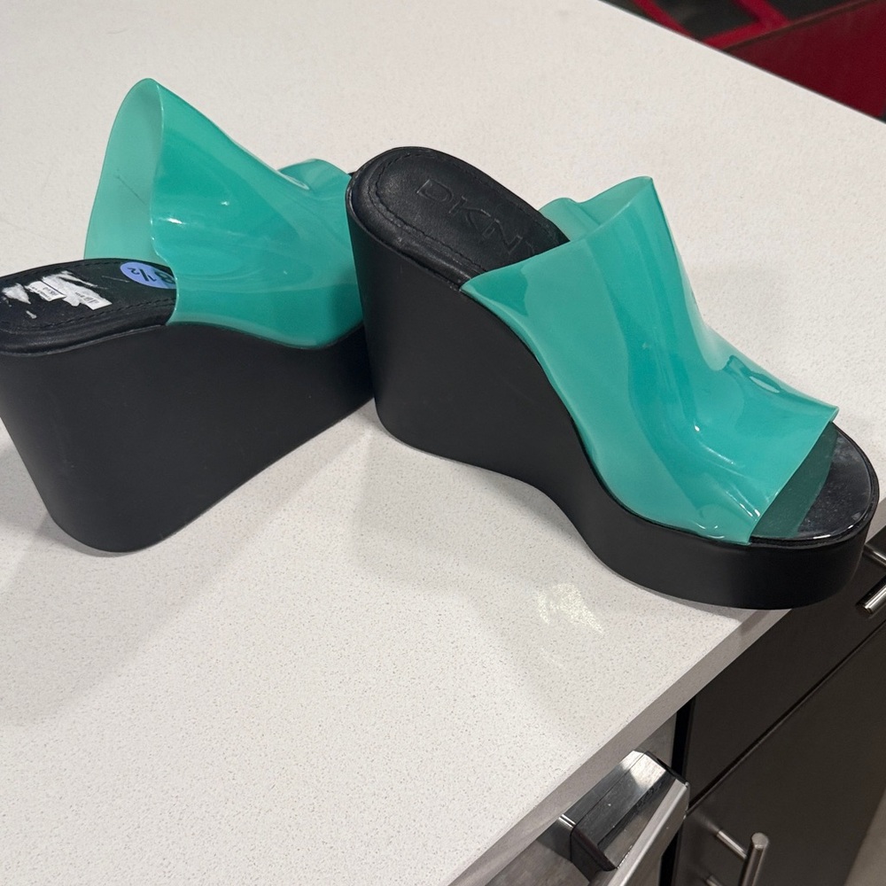DKNY Teal and Black Wedge Sandals
